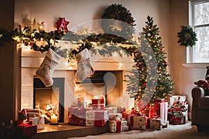 Living room decorated for Christmas with fireplace, Christmas tree and xmas ornaments.