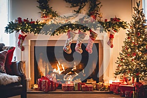 Living room decorated for Christmas with fireplace, Christmas tree and xmas ornaments.