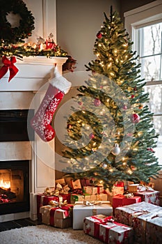 Living room decorated for Christmas with fireplace, Christmas tree and xmas ornaments.