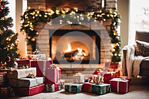 Living room decorated for Christmas with fireplace, Christmas tree and xmas ornaments.