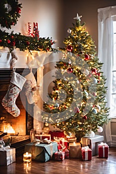 Living room decorated for Christmas with fireplace, Christmas tree and xmas ornaments.