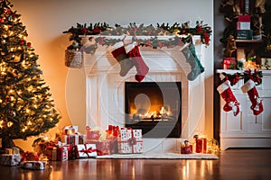 Living room decorated for Christmas with fireplace, Christmas tree and xmas ornaments.