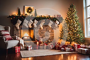 Living room decorated for Christmas with fireplace, Christmas tree and xmas ornaments.