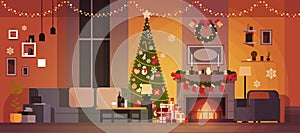 Living Room Decorated For Christmas And New Year With Fir Tree , Fireplace And Garlands Holidays Home Interior