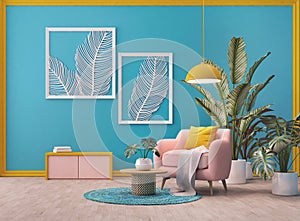 Living room design with blue,pink and yellow color.Plant on  background and leaf canvas.