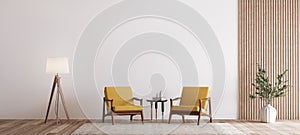 Living room design with empty wall mockup, two wooden chairs on white wall photo