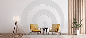 Living room design with empty wall mockup, two wooden chairs on white wall