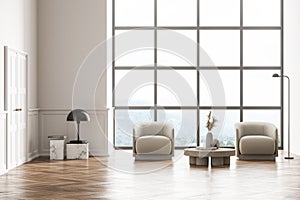 Living room design interior. Modern stylish home area. Oak parquet floor. Armchairs near panoramic window. White wooden door