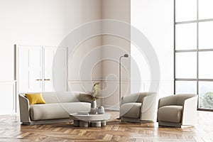 Living room design interior. Modern stylish home area. Oak parquet floor panoramic window. Armchairs and couch in the middle of