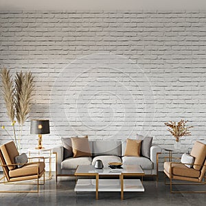 Living room design with sofa and armchairs in front of the white brick wall  wall mockup