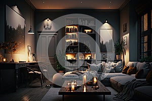 living room with dimmed lights, warm and cozy atmosphere