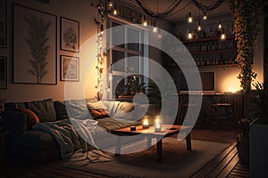 living room with dimmed lights, warm and cozy atmosphere