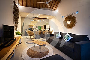 Living room with dining and kitchen area in background at modern home