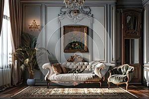 This living room exudes opulence with its carefully curated furniture pieces and a stunning chandelier that lights up