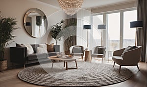 A living room with a round rug, gray couch, and several chairs sits under a large chandelier photo