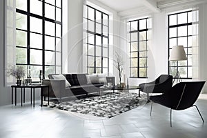 a living room filled with black and white furniture and large windowed walls and floor to ceiling windows and a black and white