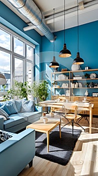 a living room filled with furniture and a large window Industrial interior Workspace with Light Blue
