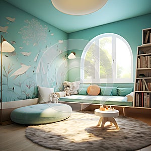 a living room filled with furniture and a large window Modern interior Nursery with Turquoise color