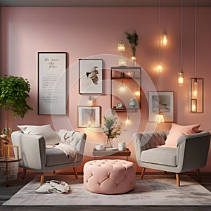 a living room filled with furniture and a pink wall Industrial interior Lounge with Pastel Pink