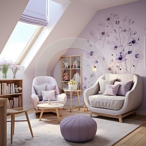 a living room filled with furniture and a skylight Scandinavian interior Nursery with Lavender color