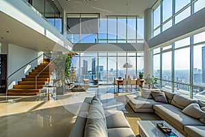 A Living Room Filled With Furniture and Tall Windows, An upscale penthouse with a panoramic city view, AI Generated