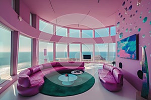 A living room filled with pink furniture next to a large window. AI generative image.