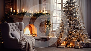 Living room with a fireplace, decorated New Year tree, candles and gift boxes. Christmas ambience