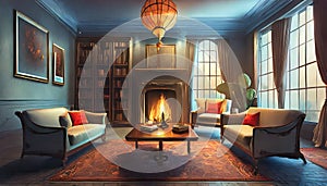 living room with a fireplace and a sofa in the style of romanticism photo