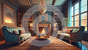 living room with a fireplace and a sofa in the style of romanticism photo