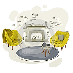 Living room with fireplace and two armchairs and coffee table simple line drawing vector illustration. Modern interior