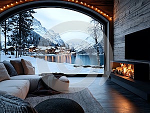 A living room with a fireplace and a view of a lake and mountains