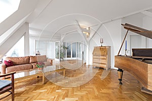 living room with fishbone parquet and piano in beautiful apartment home