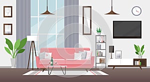 Living room flat vector illustration. Modern detailed interior design. Room with pink couch, TV, bookshelf. Cozy