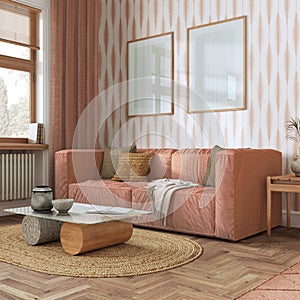 Living room frame mock-up, farmhouse boho style in orange and beige tones. Contemporary wallpaper, sofa and decors. Trendy