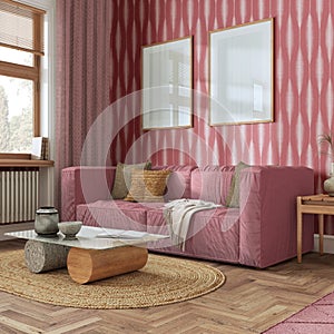 Living room frame mock-up, farmhouse boho style in red and beige tones. Contemporary wallpaper, sofa and decors. Trendy interior