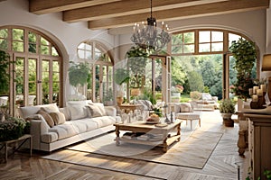 Living room with French windows opening onto the garden. Provencial style. Wide angle view. AI Generative