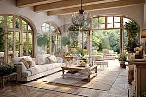 Living room with French windows opening onto the garden. Provencial style. Wide angle view. AI Generative photo