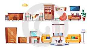 Living room furniture cartoon. Furniture for home interior decor, cozy living room and kitchen. Wooden wardrobe, windows