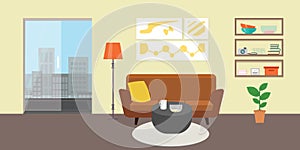 Living room with furniture. Daylight apartments . Hotel suite with city views.Renting a home . Flat style vector interior