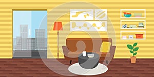 Living room with furniture. Daylight apartments . Hotel suite with city views.Renting a home . Flat style vector interior