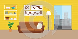 Living room with furniture. Daylight apartments . Hotel suite with city views.Renting a home . Flat style vector interior