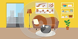 Living room with furniture. Daylight apartments . Hotel suite with city views.Renting a home . Flat style vector interior