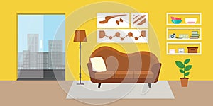 Living room with furniture. Daylight apartments . Hotel suite with city views.Renting a home . Flat style vector interior