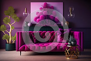Living room furniture design in trend magenta color. Generative Ai.