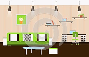 Living room with furniture . Flat style vector illustration