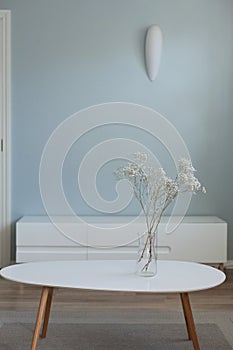 Living room furniture on floor in front of blue empty wall and white door