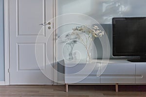 Living room furniture on floor in front of blue empty wall and white door