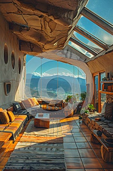 Living room with furniture, mountain view, and natural landscape