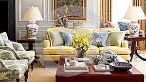 Living room furniture, sofa and home decor in bright colours, sitting room decor, interior design in English country house and