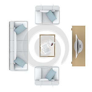 Living room furniture top view icons isolated